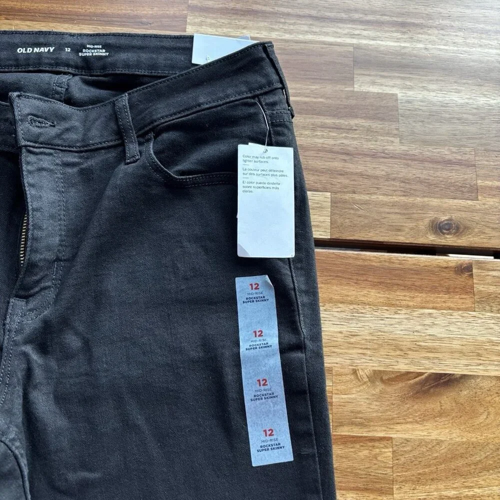 Old Navy Womens Sz 12 Mid‎ Rise Rockstar Super Skinny Black Jeans NWT Casual NWT